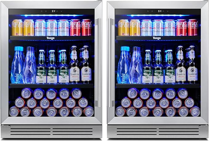 Yeego 24-Inch Built-In Beverage Refrigerator (2 Pack) - Large Capacity Drink Cooler with Glass Door, Auto Defrost Beverage & Wine Fridge for Cans and Bottles, Under Counter & Freestanding