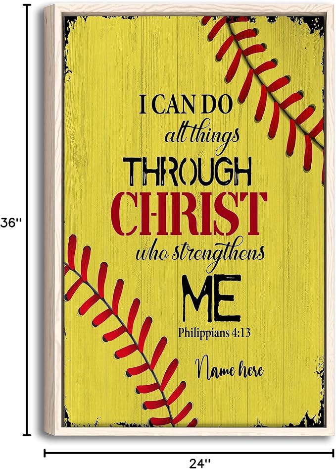 Personalized Softball Poster & Framed Canvas, I Can Do All Things Through Christ Bible Verse - Philippians 4:13 Home Office Decor, Custom Name Bedroom Living Room Aesthetic Wall Art