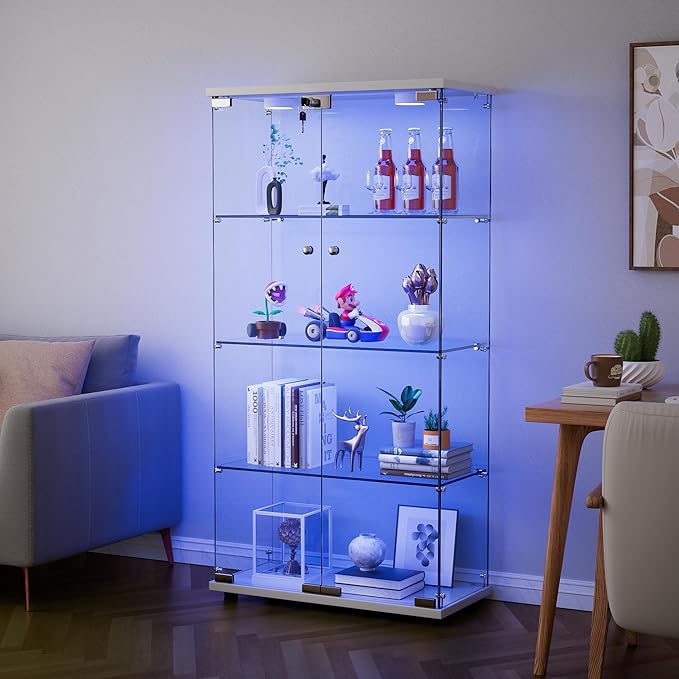 Yoluckea 4 Shelves Glass Display Cabinet with LED Light and 2 Doors,Floor Standing Clear Glass Curio Collection Display Cabinet for Living Room Bedroom 64.7” x 31.7” x 14.3” White