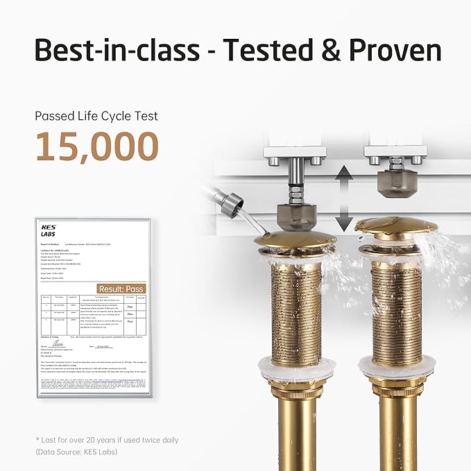 KES All-Metal Pop Up Bathroom Sink Drain, Extended Thread for Thicker Vessel Sinks & Countertops, Durable Brass & Stainless Steel, No Overflow, Brushed Gold, S2022D-BZ