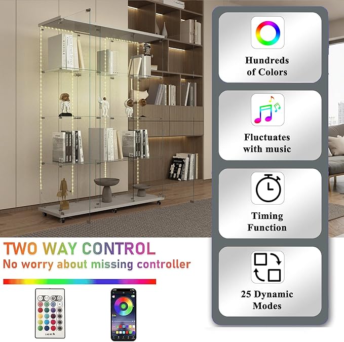 Glass Display Cabinet with LED Light Strip, 12 Shelves 3 Column 2 Doors, Large Curio Storage Cabinets with Lock & Caster for Living Room, Office, Floor Standing Glass Bookshelf - White