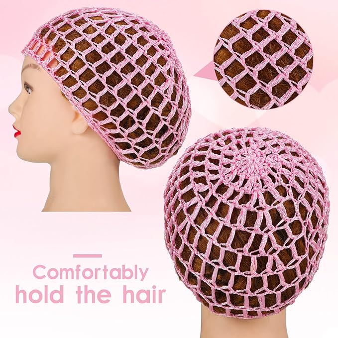 Geyoga 4 Pieces Mesh Crochet Hair Net Rayon Knit Snood Hat Thick Short Women Hairnet Snoods Cover Ornament for Sleeping (Black, Pink)
