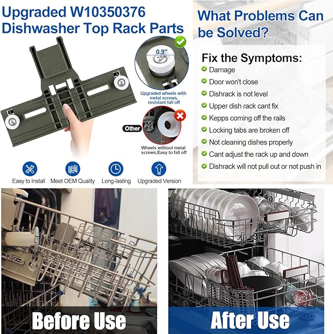 Upgraded W10350376 Dishwasher Top Rack Adjuster Parts For Whirlpool Kenmore W10195840 KUDS30IXSS4 Upper Rack Part,KUDS30FXSS5 Dishwasher Replacement Top Rack,For Kitchenaid Dishwasher Parts Upper Rack