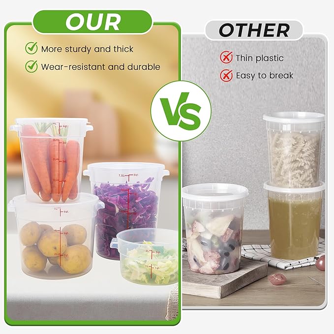 4 Pack Round Food Storage Containers with Lids, 22Qt Large Translucent Food Container, Polypropylene, BPA Free, Includes Labels & Measuring Cups