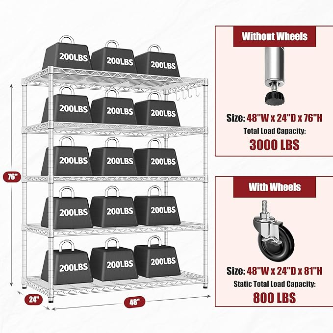 PrimeZone 5 Tier 48" Wx24''Dx81''H Wire Shelving with Wheels 3000lbs NSF Certified Storage Shelves Heavy Duty Metal Shelf Adjustable Rolling Rack Commercial Garage Restaurant Warehouse Chrome 3Pack