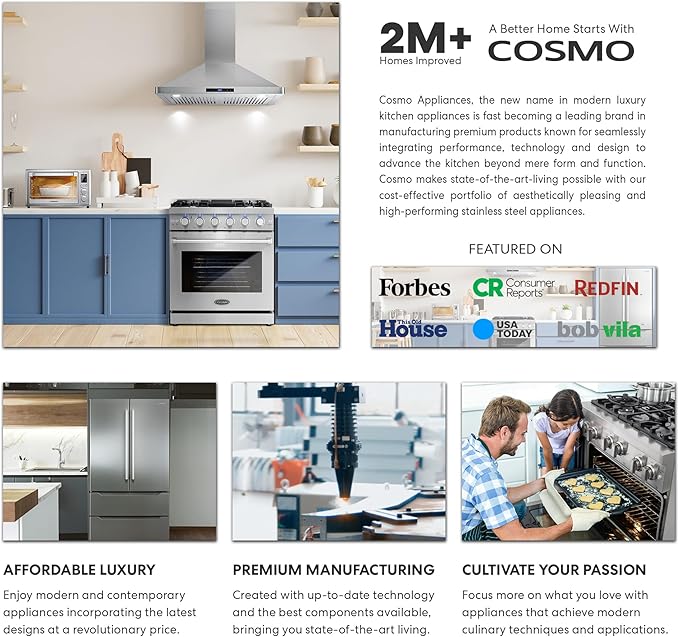 COSMO COS-668WRCS75 30 in. Vista Collection 380 CFM Ducted Wall Mount Range Hood, Touch Controls, LED Lights, Stainless Steel
