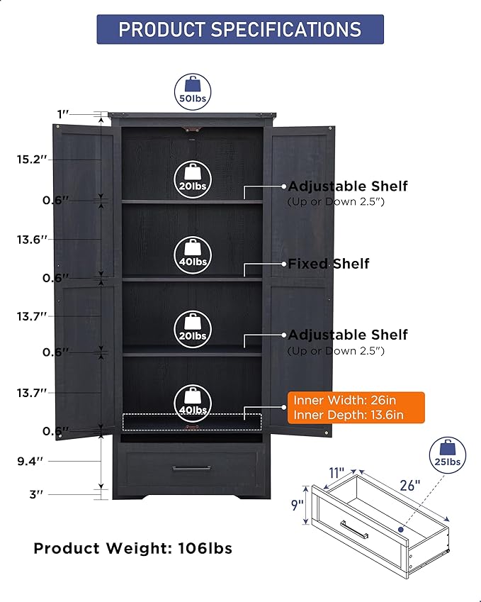 Farmhouse Kitchen Pantry Cabinet - 72" Tall Large Wood Kitchen Storage Cabinets with Adjustable Shelves & 2 Barn Doors & Drawer, Versatile Storage for Dining Room, Bathroom, Living Room, Antique Black | Large, Adjustable Shelves, 2 Barn Doors, Drawer, ...