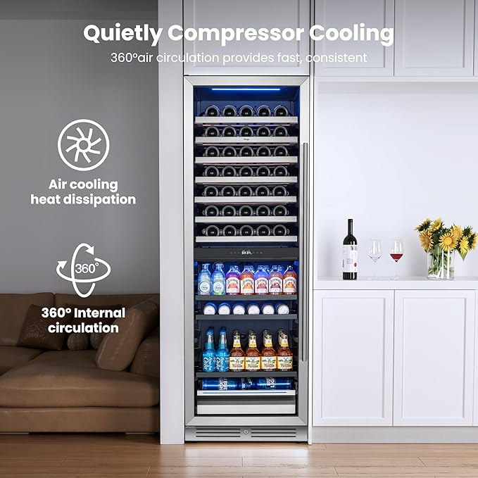Yeego 24 Inch Wine Fridge - 77 Bottles and 182 Cans Dual Zone Wine Cooler with Glass Door, 34-65℉ Built-In or Freestanding Refrigerator with Lock and 2 Color LED for Kitchen Bar Office (Left-Hinged)