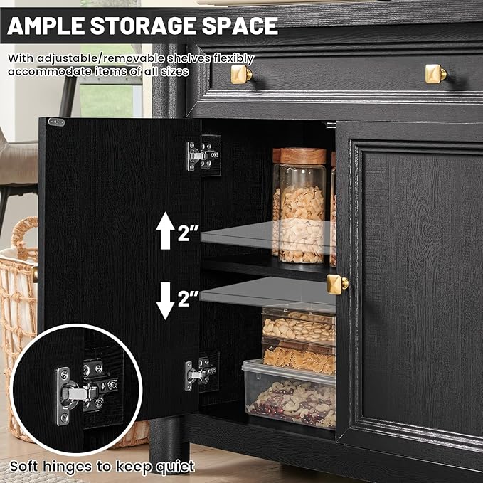 Farmhouse Buffet Cabinet, 59" Large Sideboard Buffet Credenza Storage with Shelves & 4 Doors, Rustic Wood Coffee Bar Console for Kitchen, Living Room, Black