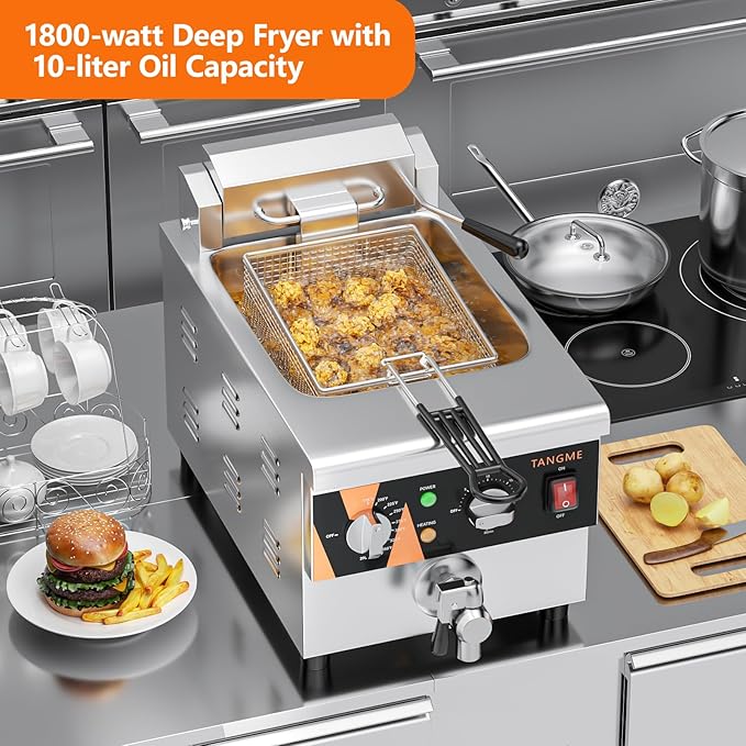 TANGME Deep Fryer with Drain Valve System, 1800w Countertop Electric Fryer 10.7Q/10L Stainless Steel Oil Fryer with Basket,Temp & Time Control