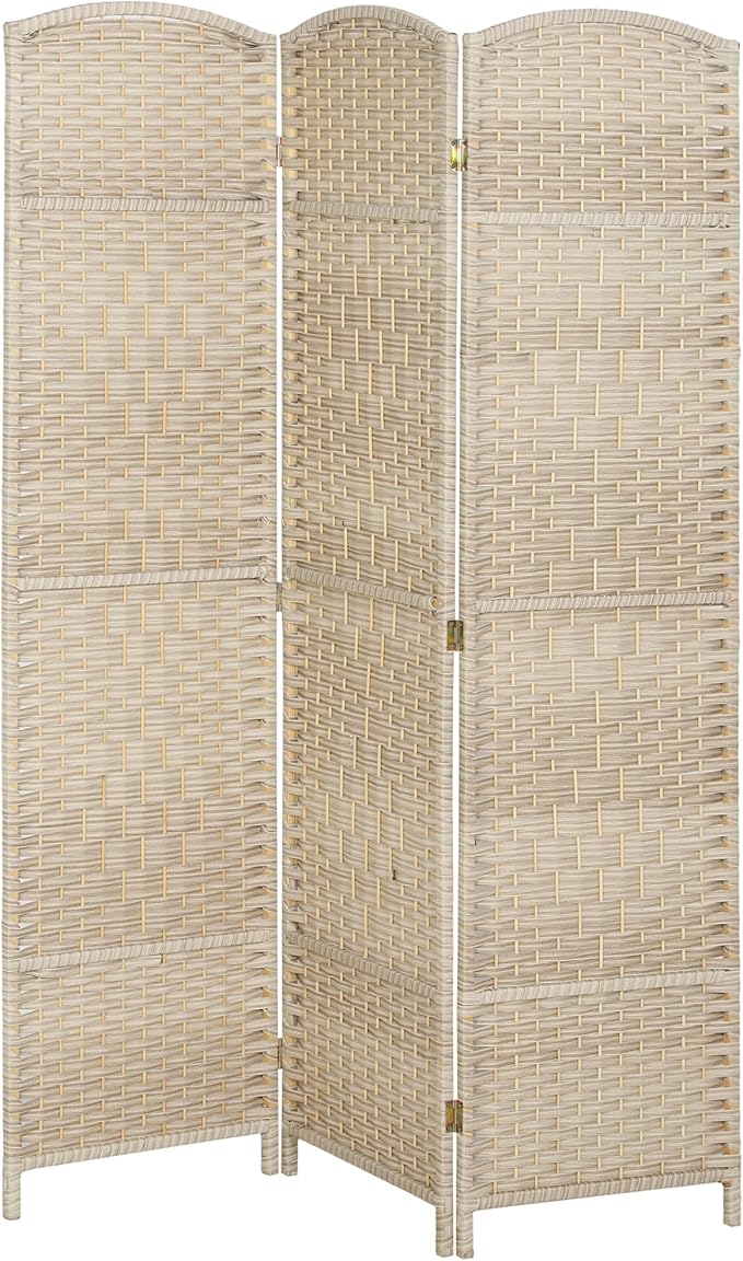 HOMCOM 3 Panel Room Divider, 6' Tall Folding Privacy Screen, Woven Freestanding Wall Partition for Home Office, Bedroom, Washed Oak