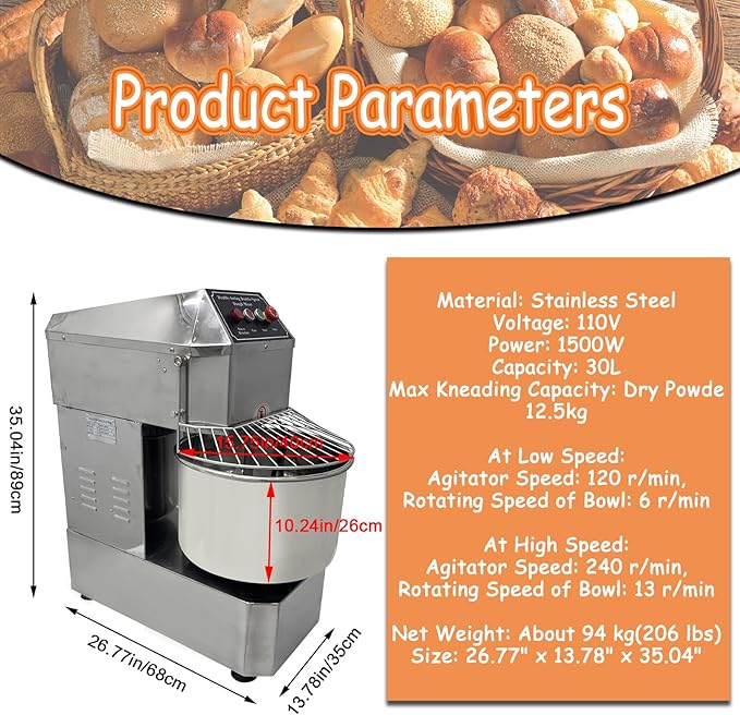 Commercial Dough Mixer 30QT, 1500W 110V Dual Speed Dual Action, Stainless Steel Spiral Stand Mixer for Pizza Dough, Bakeries, Restaurants & Schools