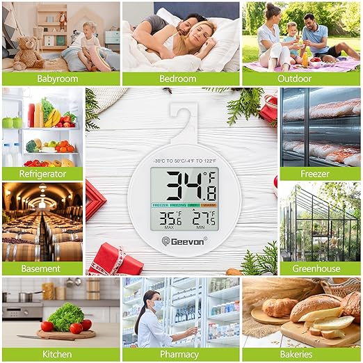Geevon Small Digital Refrigerator Thermometer 8 Pack, IP65 Waterproof Commercial and Home Use, Max/Min Record Function with LCD Screen, Stand and Magnetic Back, for Fridge, Freezer Scenarios