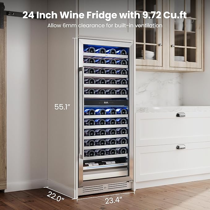 Yeego 24 Inch Wine Fridge, 40°F-65°F Dual Zone Wine Cooler Refrigerator, 304 Stainless Steel Glass Door Lock, Temp Memory Blue & White LED Built-in Fridge with Adjustable Shelves (89 Bottle)