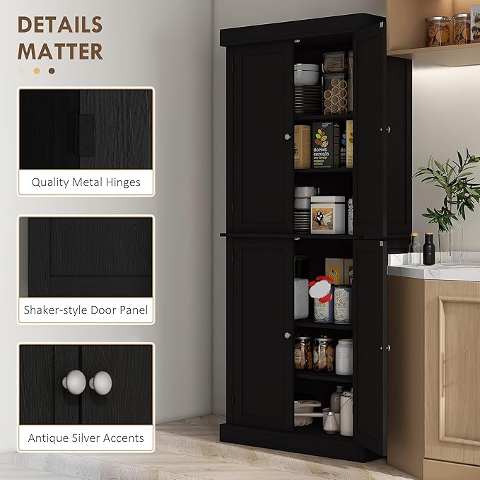 HOMCOM 72.5" Tall Kitchen Pantry Cabinet, Freestanding Modern Farmhouse Kitchen Storage Cabinet with 4 Doors and 2 Adjustable Shelves for Dining Room, Black Wood Grain