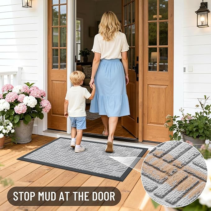 OLANLY Front Door Mat Outside Entrance 71x23, Absorbent, Heavy Duty Sturdy Natural Rubber Doormat Indoor Outdoor, Non-Slip, Stain and Fade Resistant, Low Profile Floor Mat for Entryway, Light Gray