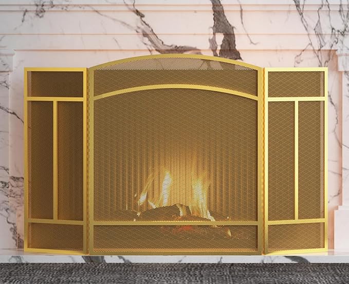 Fire Beauty Fireplace Screen 3 Panel Wrought Iron 48"(L) x 29"(H) Spark Guard Cover(Golden Dusting)