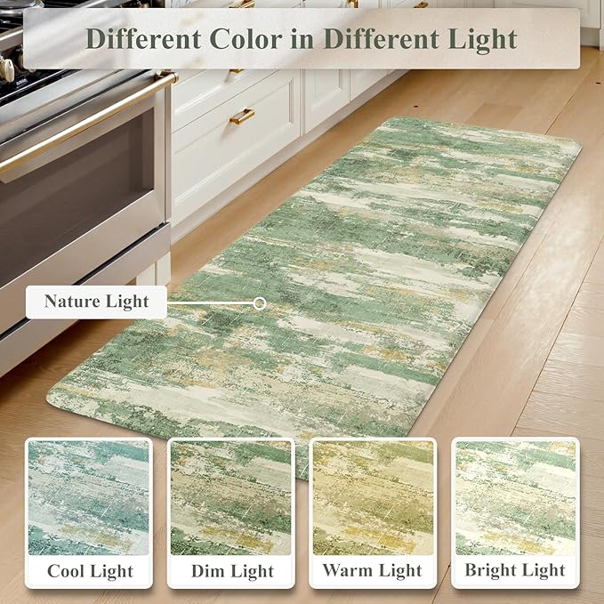 Collive Anti Fatigue Mats for Kitchens Floor, Abstract Non Skid Kitchen Rugs Sets of 2 Green Modern Standing Mat, Foam Cushioned Comfort Carpet for Office, Sink, Home Decor, 17"x59"+17"x29"