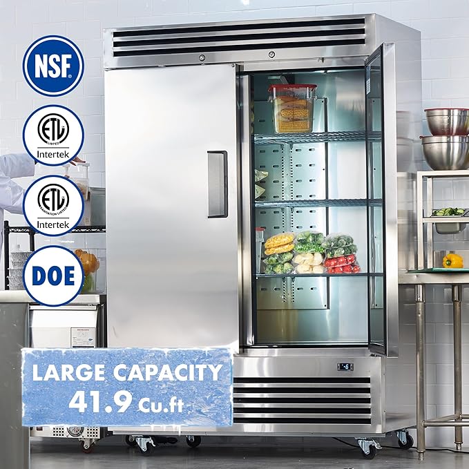 HECMAC 54" Commercial Freezer, 49 Cu.ft Reach-In Upright Fridge with 2 Solid Door, -8~0℉,18-8 Stainless Steel Interior, 6 Shelves, ETL&NSF/ANSI 7 for Restaurant, Bar, Shop, Kitchen Use