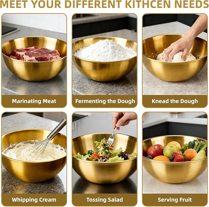 3-Set Stainless Steel Golden Mixing Bowls Set (8.26"+7.1"+6.3"), Metal Bowl with Measurement Marks, Dishwasher Safe & Stackable - Perfect for Baking, Salad Making, Meal Prep and Kitchen Use