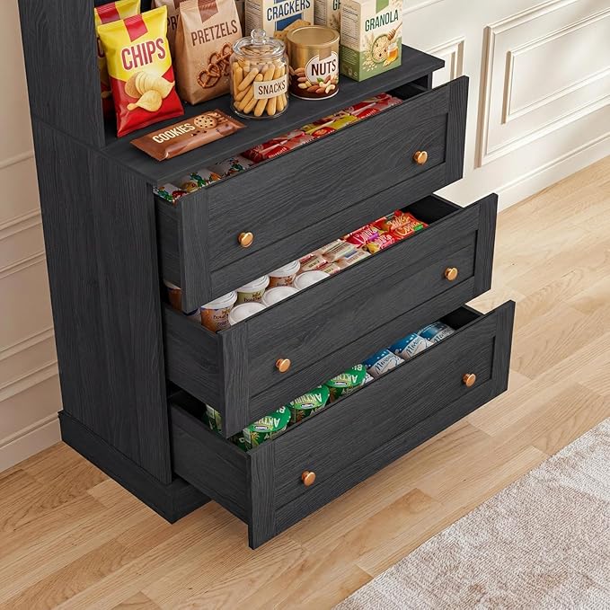 Vyre 71" Farmhouse Pantry Cabinet Set of 3, Large Storage Hutch with Glass Doors, Drawers and Adjustable Shelves, Freestanding Coffee Bar with Microwave Stand for Kitchen or Living Room, Black