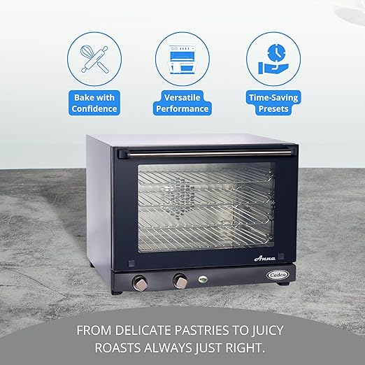 Cadco OV-023 Compact Half Size Convection Oven with Manual Controls, 208-240-Volt/2700-Watt, Stainless/Black, For Commercial Use, 120 lbs.