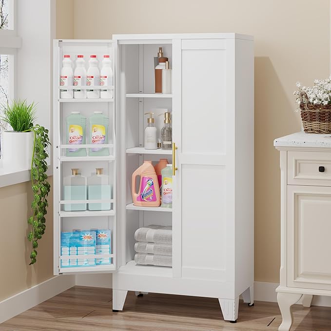 Metal Kitchen Pantry Cabinet, Storage Cabinets with 2 Door and 3 Adjustable Shelves, White Freestanding Food Storage Cabinet, Steel Cupboard for Kitchen Dinning Room