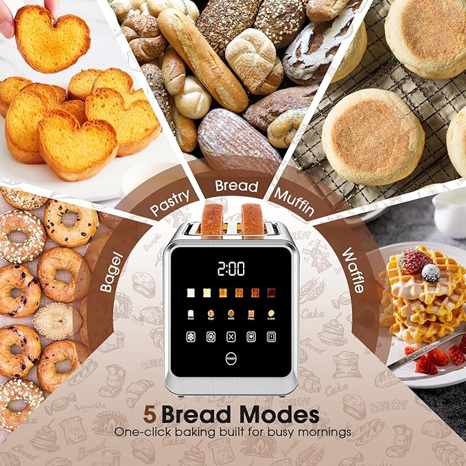 Touch Screen Toaster 2 Slice, Smart Digital with 1-Touch Memory, 1.5" Wide Slot for Bagels, 5 Bread Types & 6 Shade Settings, 900W, Defrost & Reheat