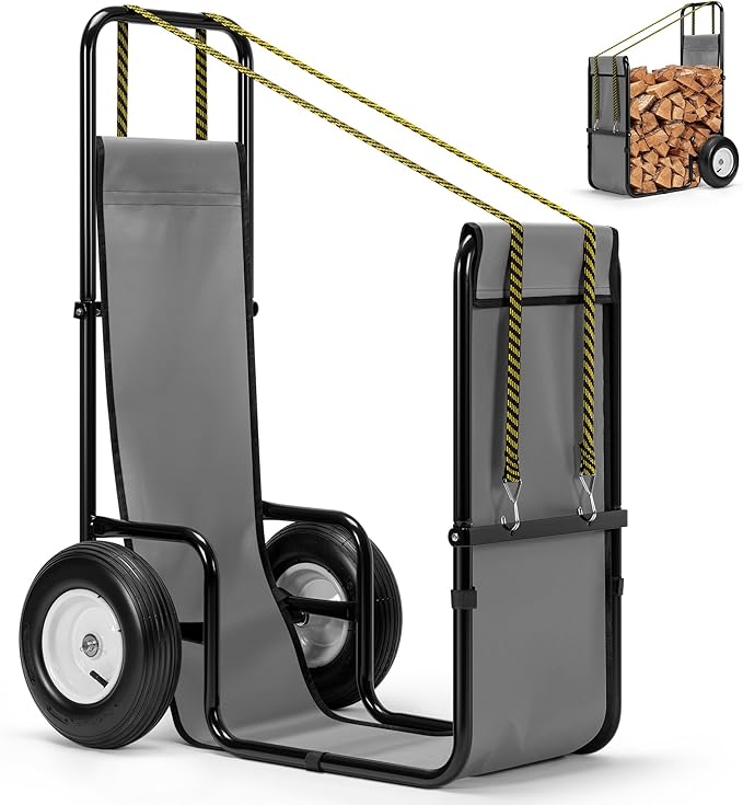VIVOHOME Firewood Cart with Rubber Wheels and 600D Oxford Cloth, X-Large 300 LB Capacity Heavy Duty Steel Log Carrier Dolly Hauler, Wood Rack Storage Mover for Easy Transport Indoor Outdoor Use