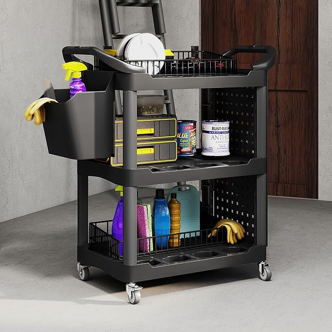 HOMCOM 3 Tier Utility Cart on Wheels, Rolling Tool Storage with Pegboards and Bucket, 200 LBS Load Capacity Plastic Service Cart for Garage, Warehouse, Workshop, Black