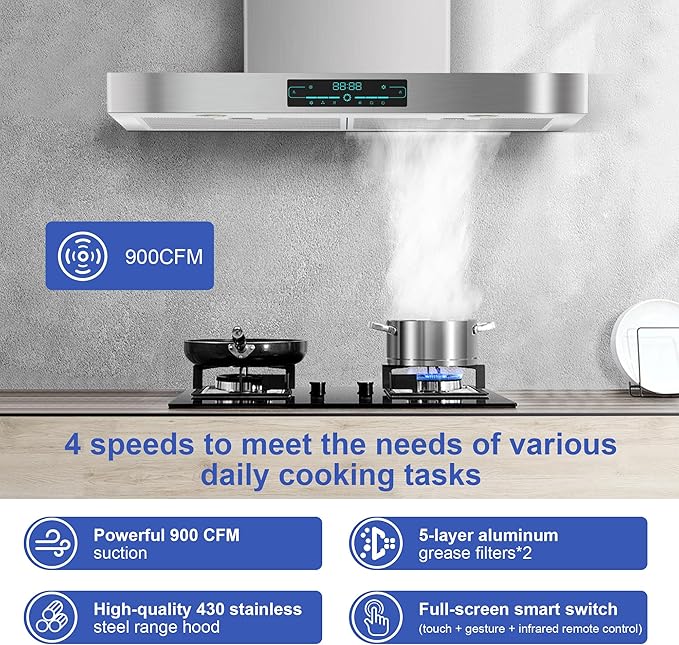 KMA-E30 Wall Mount Range Hood with 4-Speed Fan,900CFM Powerful Suction,30 Inch Stainless Steel Ducted Kitchen Vent Hood Extractor with Led Lights,Smart Touch Panel and Remote Control