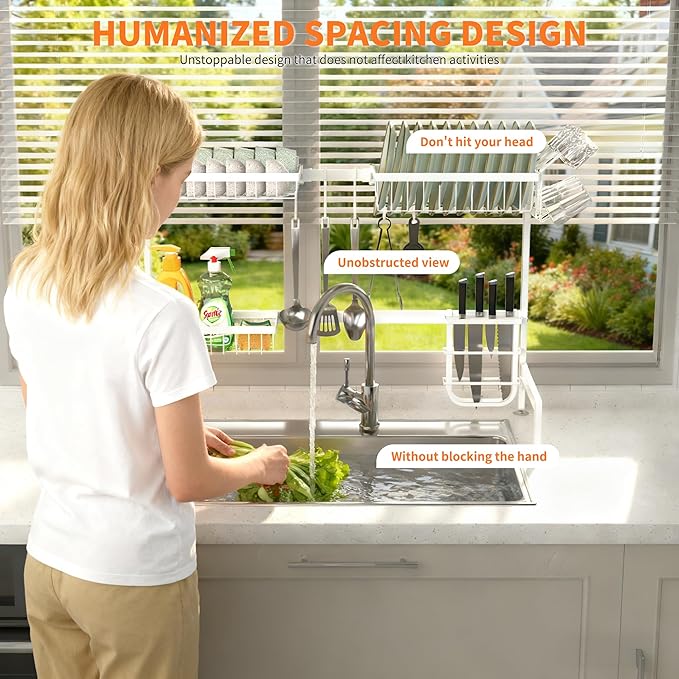 HOTEAGLE Dish Drying Rack for Kitchen Counter 2 Tier Expandable Over Sink Dish Rack, 25.6"-33.5" L x 12.4" W x 20.5" H, White