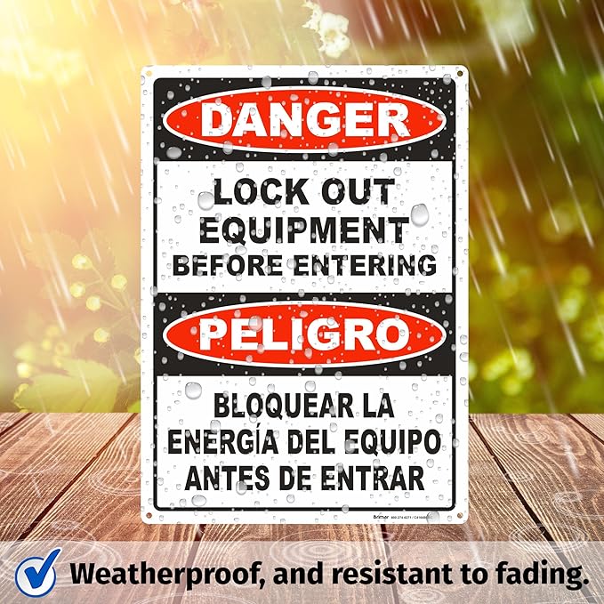 Brimar - 10 x 14" - Bilingual Danger Lock Out Equipment Sign - Polyethylene Plastic - Bilingual Design - Easy Installation