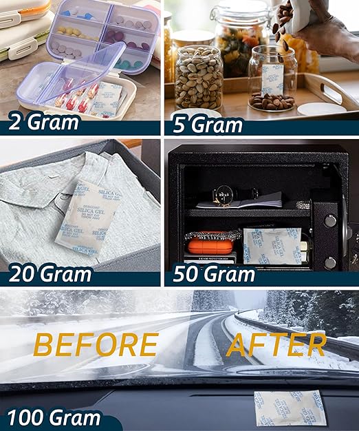 5 Gram (20 Pack) Color-Indicating Silica Gel Packets, Premium Food Grade Desiccant - Rechargeable Moisture Absorbers for Food Storage, Electronics, 3D Filament & Safes
