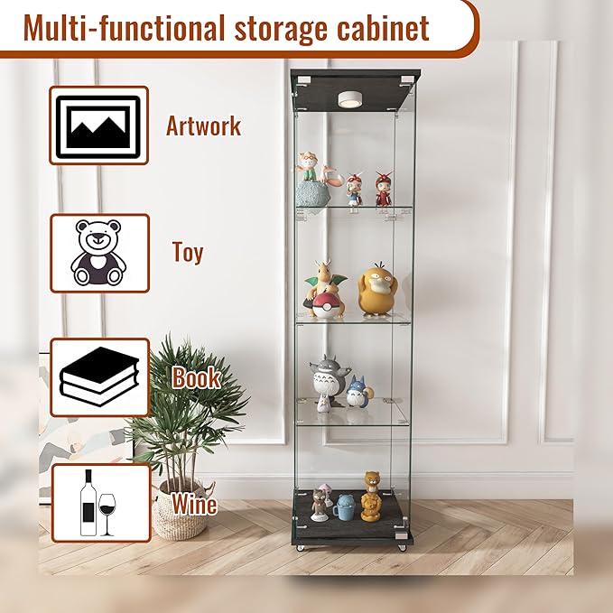 Yoluckea 4-Shelf Glass Display Cabinet with LED Lights, 1-Door Floor Standing Curio Cabinet with Universal Wheel for Home or Office, Black Glass Bookshelf for Collections, Decor, and Corner Display