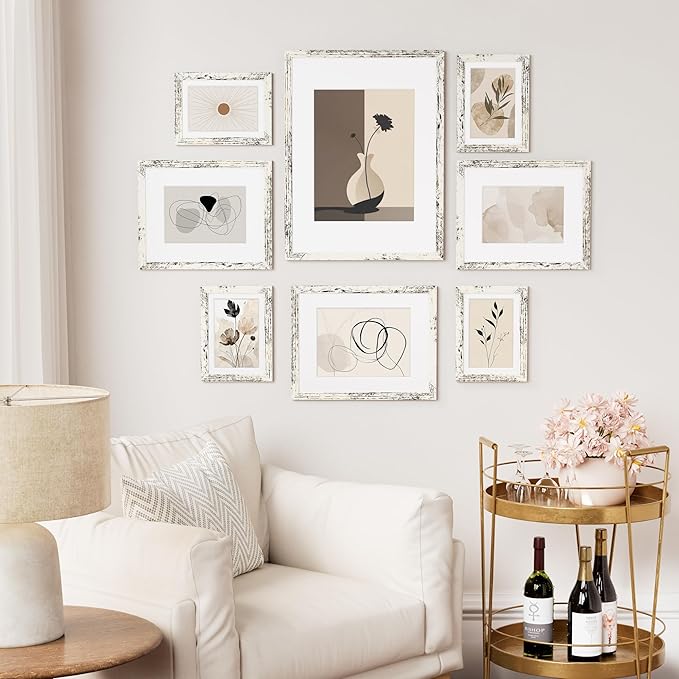 Vittanly 12x16 Picture Frame Set of 2, Solid Wood Frame for Wall Art Photo and Prints, Display Photo 8.5x11 with Mat or 12x16 without Mat, Distressed White