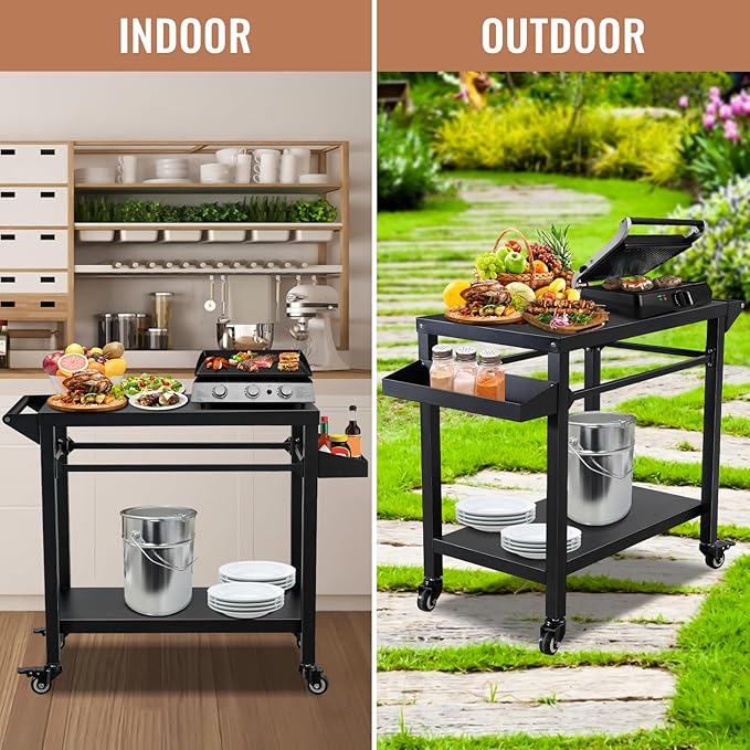 Outdoor Grill Cart Stand Table Pizza Oven with Lockable Wheels, Heavy Duty Movable Kitchen Cooking Prep Station BBQ Cart for Outside Patio, Backyard, Camping and Parties
