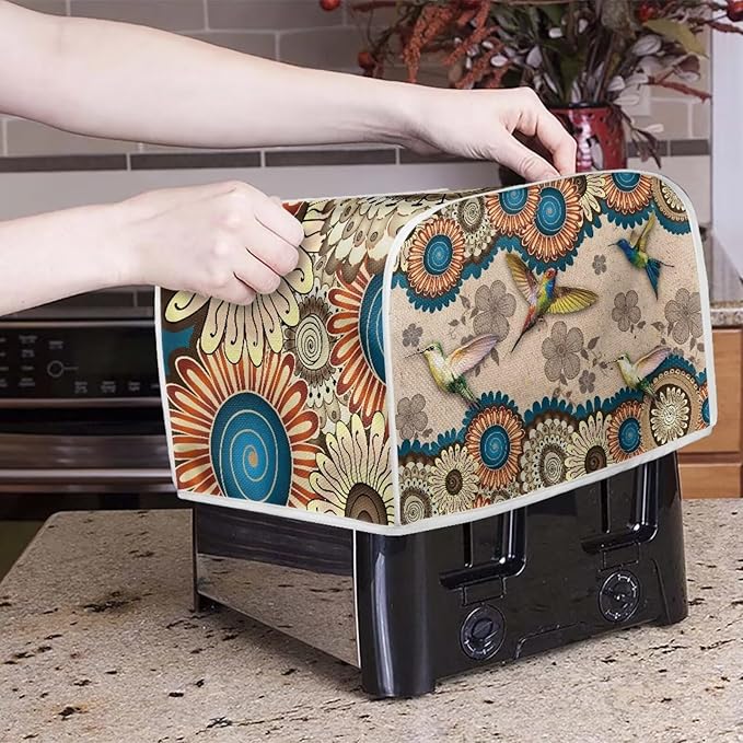Aztec Hummingbird Flower Print Toaster Cover 4 Slice Dust Fingerprint Protection Waterproof Soft Toaster Dust Cover