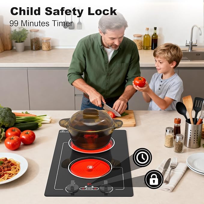 VBGK Electric Cooktop,110V 2100W electric Stove Top with Knob Control,Countertop/Built-in Design with 9 Power Levels,Kids Lock & Timer, Overheat Protection,and touch control 2 burner electric Cooktop.