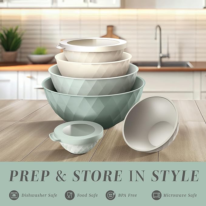 COOK WITH COLOR Mixing Bowls with Lids - 12 Piece Plastic Nesting Bowls Set includes 6 Prep Bowls and 6 Lids, Diamond Design - Microwave Safe, Mint