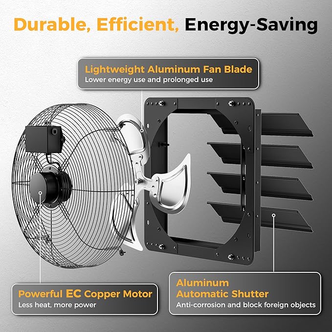 16 Inch EC Motor Shutter Exhaust Fan, 6 Inch Large Touchscreen Controller for Temp Humidity and Speed Control, 10-Speed Wall Mount Fan for Attic, Greenhouse, Garage, Chicken Coop Ventilation