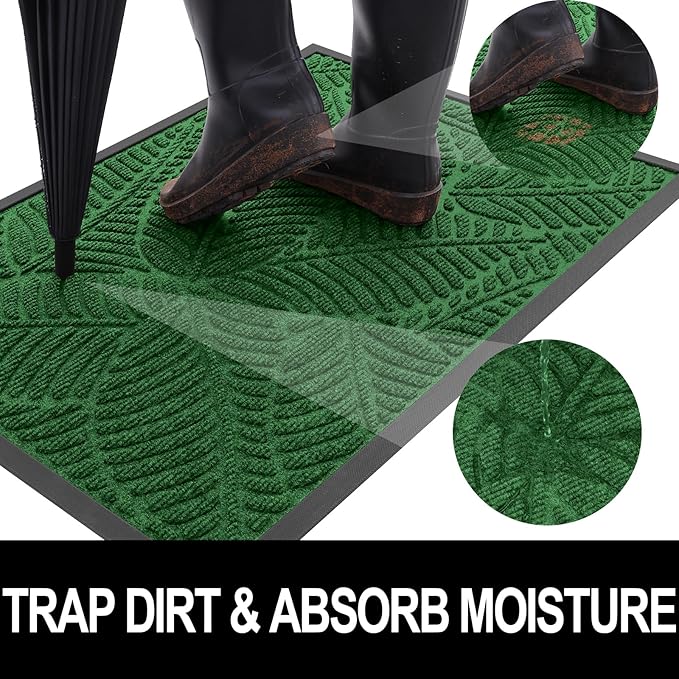 Colorxy Waterproof Doormat, Sturdy Natural Rubber Front Indoor Mat, Non Slip Low Profile Indoor Outdoor Door Mats, Stain and Fade Resistant Floor Mat, Easy Clean Patio Entrance Mat, 30''x17'', Green