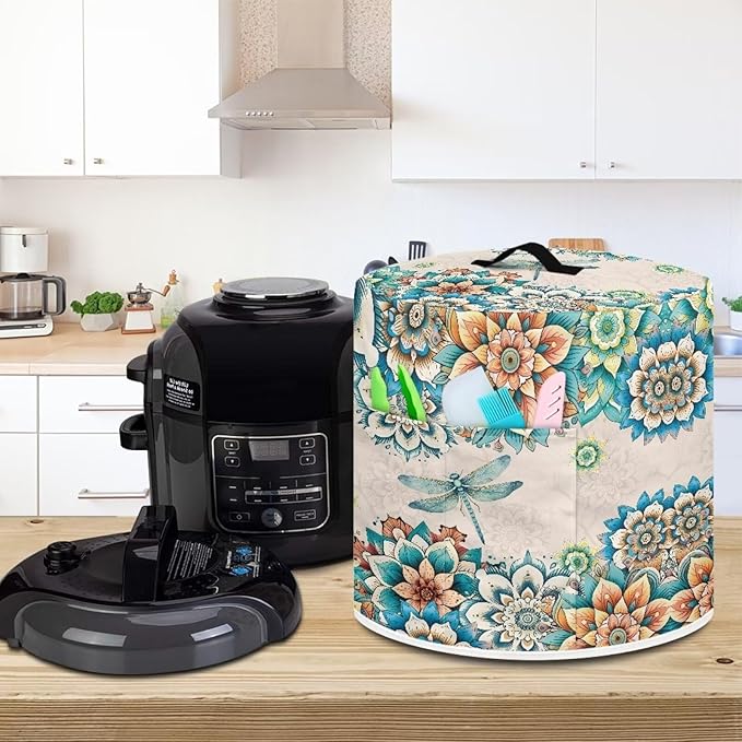 Flower Dragonfly Dust Cover for 6 Quart Instant Pot and Extra Accessories, Dust Proof Easy to Clean Pressure Cooker Cover Electric Appliance Cover Air Fryer Accessories with Pocket