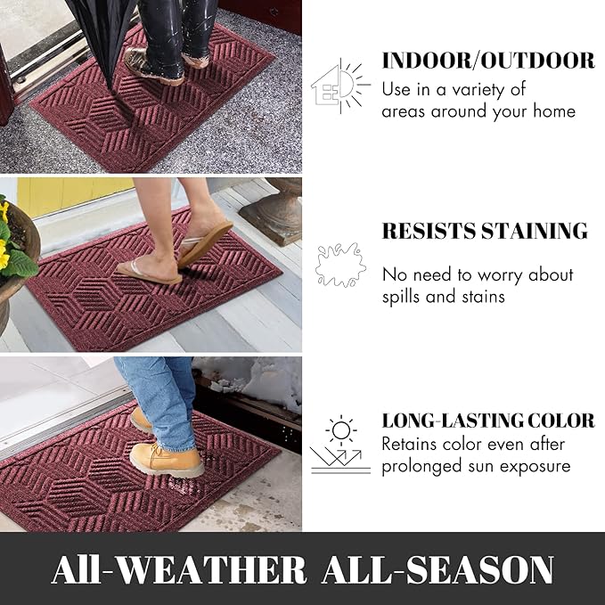 Yimobra Front Door Mat, All-Season Waterproof Outdoor Mat for Entrance with Drainage Holes, Heavy Duty Non-Slip Doormat for Garage Patio Entryway Indoor, 29.5x17, Red
