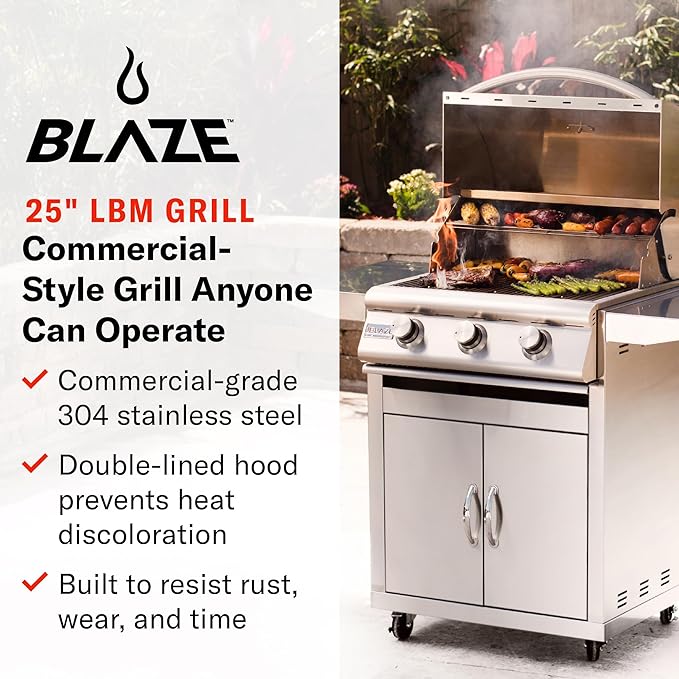 Blaze Prelude LBM Built-In Propane Gas Grill | 32-Inch 4-Burner BBQ with 56,000 BTUs | 304 Stainless Steel Construction | Flame Stabilizing Grids | BLZ-4LBM-LP