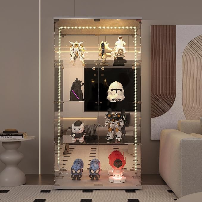 Glass Display Cabinet with LED Light Strip & Mirror Back Panel, 4 Shelves with 2 Doors, Curio Storage Cabinets with Lock for Living Room, Office, Floor Standing Glass Bookshelf - White