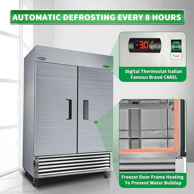 Commercial Freezer 54"W 2 door Stainless Steel Reach in Solid door Fan Cooling 49 Cu.ft Freezer Dynamic Cooling OmniSmart Temperature Control -10℉~10℉ Freezer for Restuarant, Bar, Shop, etc