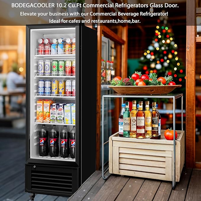 BODEGACOOLER Commercial Beverage Refrigerator, 290L Display Fridge with Soft LED Light, 264 Cans & 120 Bottles Commercial Merchandiser Refrigerator For Kitchen, Home,Office,Garage,Gym,Shop,Man cave