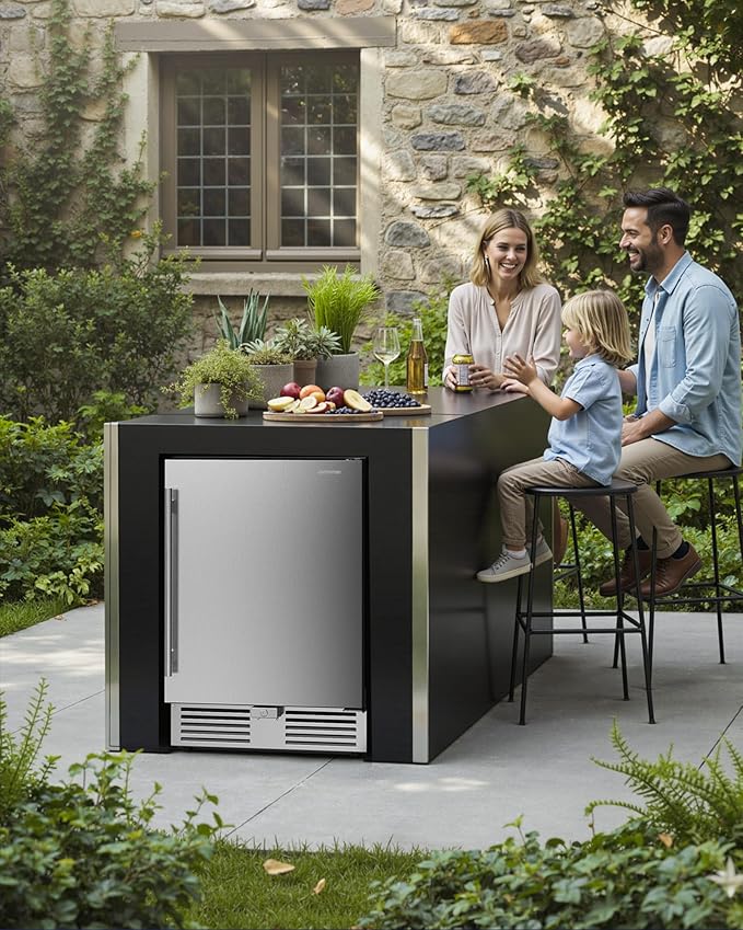 Upstreman 24 Inch Outdoor Refrigerator, Under Counter Refrigerator with Stainless Steel Door, Weatherproof, LED Light, Built-in or Freestanding Beverage Fridge for Home, Patio or Commercial Use-BR50