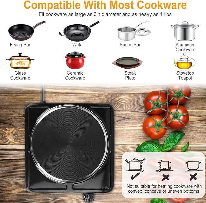 Portable Hot Plate, 1500W Cast Iron Single Countertop Burner, Electric Stove with 5 Levels Adjustable Temperature, Cooktop for Home RV Camping, Easy to Clean, White